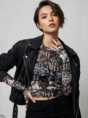 Ksubi x SERVED Long Sleeve Mesh Top Black White Graphic Print Size L